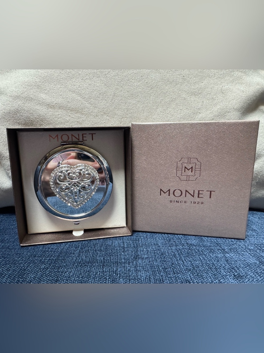 Monet Silver Heart Compact Mirror with Fillagree Motif